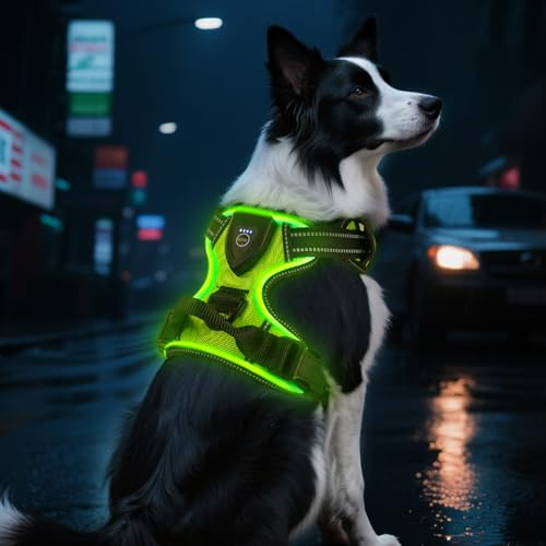 AUAUY Hundegeschirr Leuchtend, Einstellbar, Aufladbar, Atmungsaktiv, Grün-L | Leuchtgeschirr LED Reflektierendes, 3 Modi Leucht Geschirr, Beleuchtetes Led Geschirr, für Klein Mittlere Große Hund