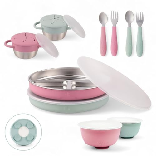 Elk and Friends Kids Stainless Steel Mealtime Suction Bundle | 10pc Set | Toddler Dinner Set | Silicone Suction Sleeves | 7.8 Plates, Bowls, Snack Cups, Utensils | Travel Lids | Dishwasher Safe