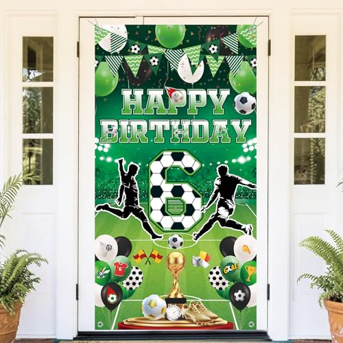 Fussball Deko 6 Geburtstag Kinder Banner - Happy Birthday Fußball Geburtstagsdeko, Grün Großes Fotografie Hintergrund für Jungen Kindergeburtstag Indoor Outdoor Sport Party (180 × 90cm)