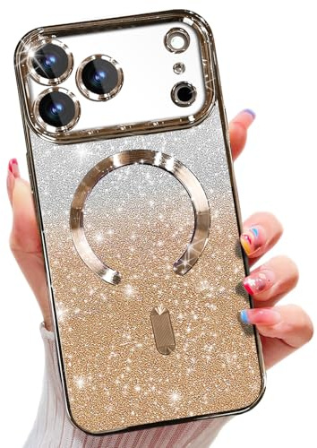Misscase Magnetisch Hülle Kompatibel für iPhone 17 Pro mit Objektivschutz,Glitzer Verlauf TPU Handyhülle mit Verlauf Kompatibel,Niedliche Schutzhülle Kompatibel mit MagSafe-Golden