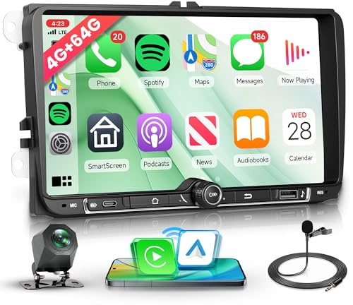 4G+64G Wireless Carplay Android Autoradio per VW Golf 5 6 Passat Polo Tiguan Touran Caddy Skoda Seat 9 Pollici Autoradio con Android Auto GPS Navi WiFi Bluetooth FM/RDS/32EQ/SWC Telecamera Posteriore
