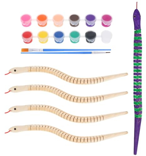 Angoily Snake Toys for Kids 5 Unfinished Wooden Snake Figurines with Paint Brushes Flexible Wiggly Toy Set for Doodle Painting Reptile Party Decorations and Craft Activities