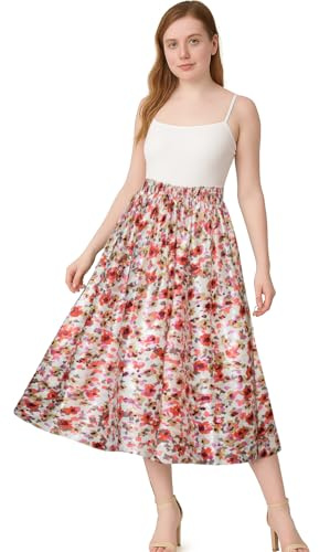 Women Floral Print Skirt Soft Lightweight Elasticated Waist (L-XL JCQRD Satin Multi)
