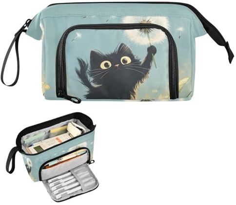 Reiacy Comic Cute Cat Large Pencil Case, Big Capacity Pencils Pouch with Handle, Pen Bag for Girls Boys Women, Ideal for Travel School Office Gift