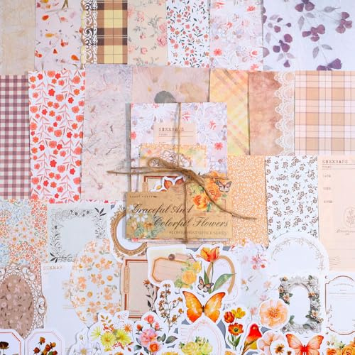TIESOME 100pcs Vintage Floral Scrapbook Paper and Journaling Stickers Assorted Set, Memo Labels for Junk Journal Planner Collage Card Album Decor(Yellow)