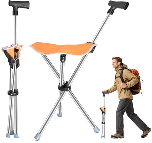 Dreieckiger Gehstock mit Sitz, 2-in-1 Sitzstock Faltbar Leicht mit 150 kg, für ältere Menschen und Erwachsene, ideal für Reisen im Freien, Camping und Bergsteigen