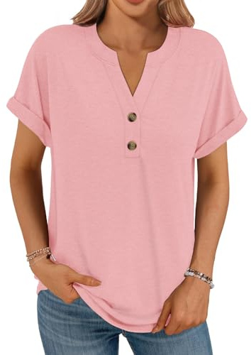 Cuptacc Tee Shirt Femme Col V avec Boutonnés Été Décontracté à Manches Courtes Élégante Couleur Uni Tunique Femme