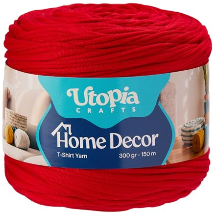 Utopia Crafts T-Shirt Fettuccia Uncinetto 300g 150m – Filo Morbido Elastico per Cestini, Borse, Tappeti, Macramè & Decorazione Casa, Oeko-Tex (Rosso Vivo)