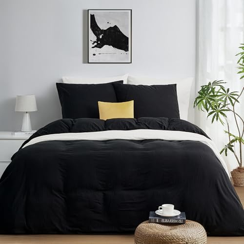 Duvetnova Bettwäsche Schwarz 155x220 3 teilig Superweiche Vorgewaschene Mikrofaser Baumwollähnlich ÖKO-TEX 1 Bettbezug 155x220+2 Kissenbezüge 80x80-alle mit Reißverschluss Schwarze Bettwäsche