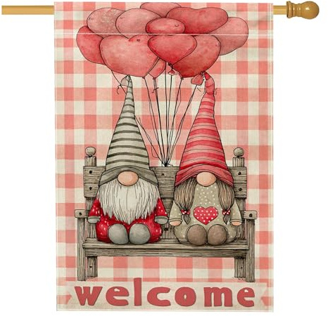 Gnomes Hausflagge, Willkommensflagge, verspielte Herzen, Bank, Frühling, rote Jute, doppelseitig, für den Außenbereich, Rasen, Hof, Terrasse, Eingang, 71,1 x 101,6 cm