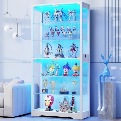 BROTTAR Vitrine mit Glastür, 6-stufige 180cm Vitrine mit 3 Farblichten für Sammlerstücke, Vitrine mit verstellbaren Glasträgern, Körperkensorsensor, Aufbewahrungsschränke, Weiß