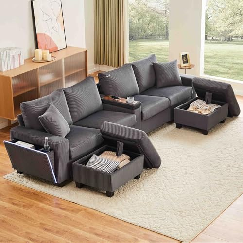 Luscriate U-Form Cord Sofa mit L-E-D & USB – Großes Ecksofa mit 2 Hockern, Stauraum, Getränkehalter & Leselampe, modernes Wohnzimmer Sofa Grau 4-Sitzer+2