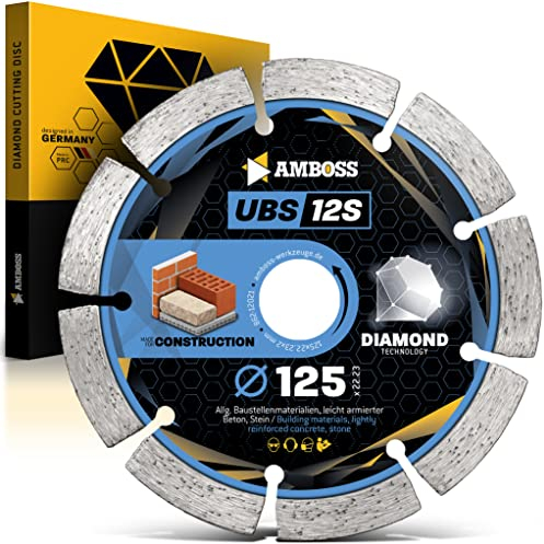 Amboss Diamant Trennscheibe UBS 12S - Diamant-Trennscheibe Ø 125 mm x 22,2 mm - leicht armierter Beton/Baustellenmaterialien/Stein | Segmenthöhe: 10 mm (gesintert)