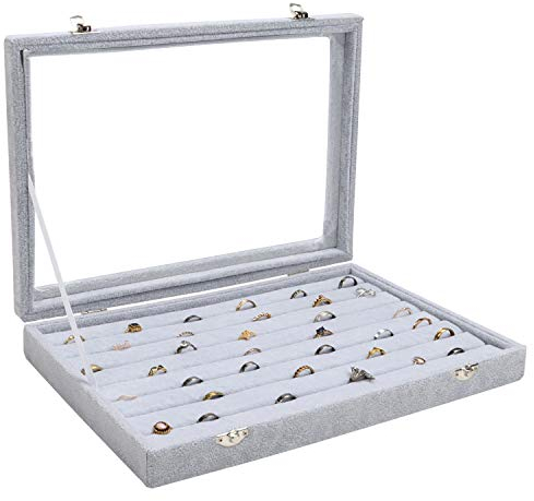 BELLE VOUS Graue Ring Box Aufbewahrungsbox für Schmuck Samt Display Schmucklade mit 7 Fächern und Deckel - Vitrine Organizer mit transparentem Glasdeckel für Ringe, Ohrringe und Manschettenknöpfe