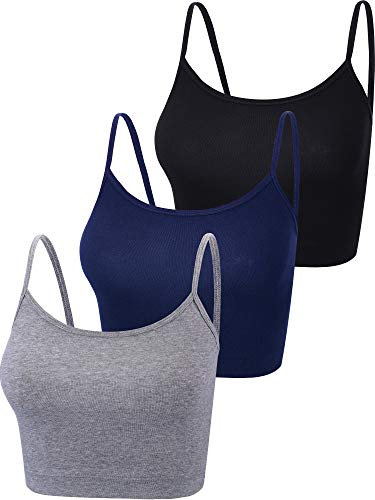 BOAO - 3 Camisola Deportiva Corta sin Mangas con Tirantes Delgados para Mujer, Negro, Gris Oscuro, Azul Marino., M