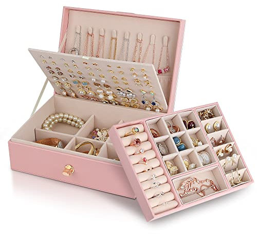 YONZONE Jewellery Box Organiser for Women Girls, 3 Layers Large Jewellery Case Storage with Removable Compartment for Necklace Earrings Rings Bracelets, PU Leather Travel Jewelry Boxes Gift, Pink