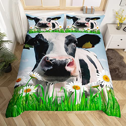 feelyou Großes Kuh-Bettwäsche-Set Whiye Gänseblümchen-Blumen-Grün-Gras-Bettwäsche-Set 155 x 220 cm Bauernhoftier-Bettwäsche-Set für Kinder Jungen Mädchen Teenager 2-teiliges Reißverschluss-Mikrofaser