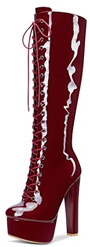 Castamere Donna Plateau Stivali Metà Polpaccio Cerniera Lacci Boots Tacco a Blocco 15CM High Heels Rosso Borgogna Scarpe EU 38