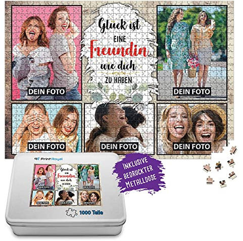 Foto-Puzzle mit 5 Fotos Bedrucken - Glück ist eine Freundin wie Dich zu haben - Collagen-Puzzle selber gestalten für die Freundin - 1000 Teile inkl. hochwertiger Metalldose