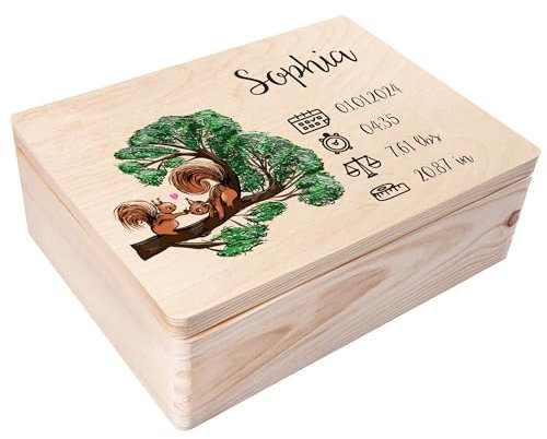 Creative Deco Erinnerungsbox Baby Personalisiert mit Namen - Eichhörnchen | 40 x 30 x 14 cm | Individuelle Erinnerungskiste Geschenk zur Geburt für Mädchen und Jungen | Holzkiste mit Deckel Farbdruck