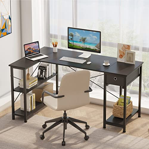 CAIYUN L Shaped Desk with Storage Shelves 56.7, Computer Desk with Drawer, Home Office Writing Corner Desk for Small Space, Equipped with Shelf of Computer Tower, Black (Black, 145CM)