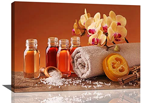 Badezimmer-Dekor, Wandkunst, orange, Badezimmer, Wanddekoration, florales Handtuch, Badesalz, Orange, ätherische Ölbilder, Leinwand, entspannend, ruhig, Gemälde, Drucke, Dekoration, 61x40.6 cm