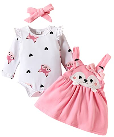 Baby Kleidung Mädchen Baumwolle Langarm Strampler+Träger Tutu Kleid+Stirnband 3tlg Bekleidungssets Neugeborene Erstausstattung Babysachen Set Herbst Winter Babykleidung Rosa Fuchs 0-3 Monate