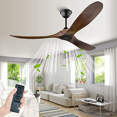 Ceiling Fan No Light with Remote Control, Modern Ceiling Fans 6 Speed 3 Blade Wood Ceiling Fan, 52in Reversible DC Motor, Suit for Living Room, Dining Room, Bedroom, Outdoor (52in/132cm, Walnut Wood)