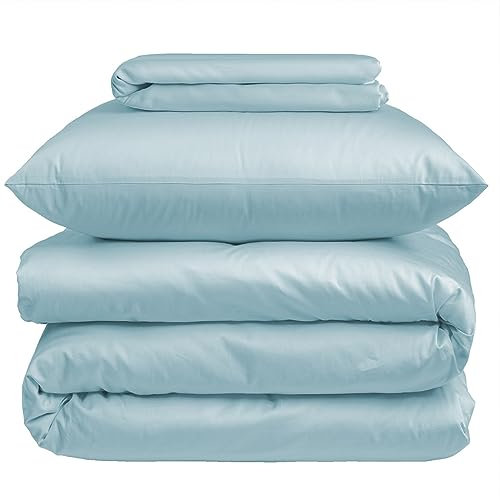 Nordic Paradise - Housse de Couette de Luxe en Satin de Coton 200x200 cm + Drap Housse 160x200 cm + 2 Taies d'oreiller 50x70 cm - Set avec Fermeture Éclair Fine - Couleur Bleu fumée