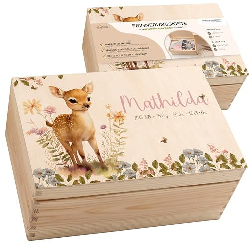 KIDSMOOD - Personalisierte Erinnerungsbox Baby, Holzkiste mit Deckel, Erinnerungskiste als Geschenkidee zur Geburt oder zum Geburtstag für Mädchen und Jungen, Baby-Box mit Namen