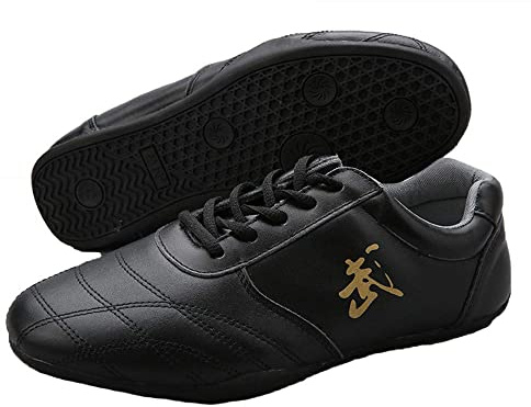 VEACAM Martial Arts Shoes for Men, Lightweight Leather Taekwondo Kung Fu Taichi for Daily Exercises Training, Black, 9