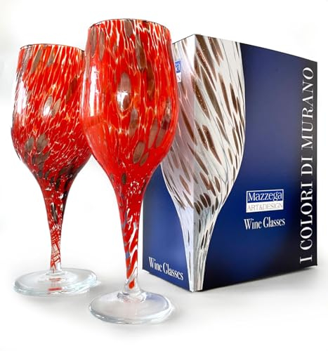 MAZZEGA ART & DESIGN - 2 Calici Avventurina in Vetro Soffiati e Lavorati a Mano con Murrine di Murano, linea “I Colori di Murano” 455 ml. Made in Italy (ROSSO, 2)