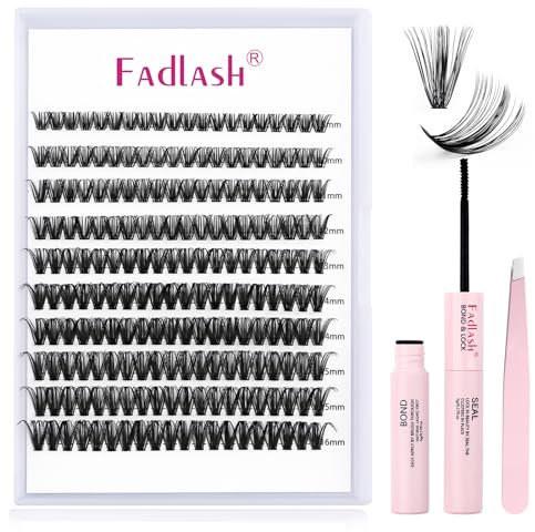Fadlash Individual Eyelashes Cluster Lashes Kit 0.07 D Curl 8-16mm 40D Eyelashes Extension Kit Natural Cluster Lashes with Lash Glue Bond and Seal,Tweezers Light Fluffy DIY at Home