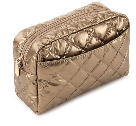 Lychii Schminktasche Damen, Gesteppte Kosmetiktasche, Reise Makeup Tasche, mit Externem Reißverschlussfach, für Aufbewahrung von Kosmetik, Toilettenartikel (Khaki)