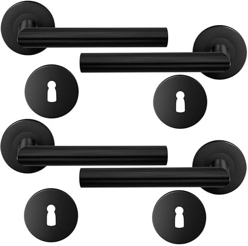 HAIFUAN Lot de 2 poignées de porte à levier en acier inoxydable avec écusson de trou de serrure, ensemble de poignées de serrure de porte, barre de main de porte, couleur noire (S02-103K-B-2)