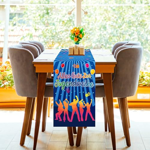 HONMOK 183x35cm Alles Gute zur Jugendweihe Tischläufer, Endlich Erwachsen Tischband Blau, Erwachsenwerden Tischdeke Deko für Junge Mädchen Erwachsene Party Geburtstagsfeier Küche Tischdeko