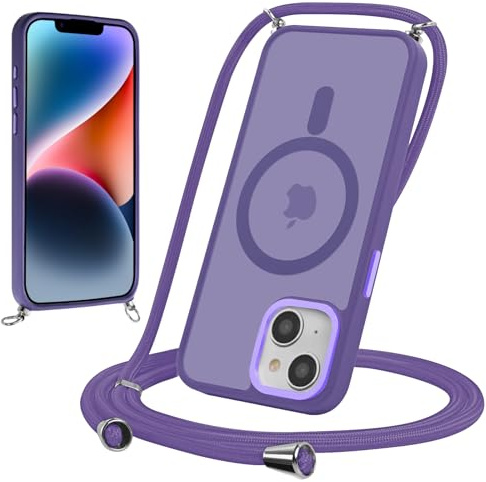 Yoedge Magnetica Cover per iPhone 15 6,1 con Cordino, Compatibile con MagSafe, Custodia Traslucida Opaca Hard PC Sottile TPU Antiurto Protettiva Case con Tracolla Laccio Corda Collana, Viola