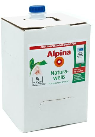 Alpina Wandfarbe Naturaweiß matt im praktischen Dosier-Pack – ergiebig, gut deckend & reinigungsfähig – 5 Liter