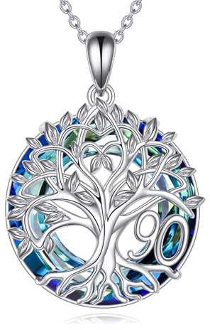 YFN 90th Birthday Gifts Necklace for Grandma Sterling Silver Tree of Life Necklace with Blue Crystal Mothers Day Christmas Jewelry Gifts for Mother Women Wife Girlfriend(90th)