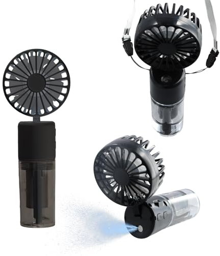 Ventilador Portatil 3 en 1, Ventilador de Mano Recargable usb con Niebla Agua, 4 Velocidades Ventilador Bolsillo Plegable 180° con Cordón, Ventilador Silencioso Hogar Oficina,Resistencia 6-8h (Negro)