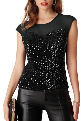 Damen Pailletten Oberteil Wickelbluse Kurzarm Mesh Sexy Party Glitzer Tops Cropped T-Shirt Bluse XXL Schwarz