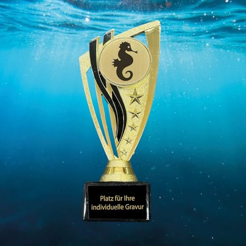 eberin – 20cm Seepferdchen Pokal Trophäe – Der Stolz des Seepferdchens: goldene Auszeichnung für Frühschwimmer und Anfängerschwimmen, Award mit Marmorsockel