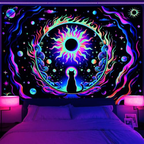 Uspring Schwarzlicht-Katze, UV-reaktiver Mond und Stern, psychedelische Neon-Sonnenfinsternis, Wandteppich für Schlafzimmer, Wohnzimmer, Heimdekoration (180 x 235 cm)