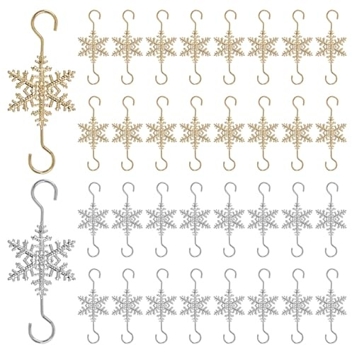 INCREWAY 60 ganchos para adornos de Navidad, diseño de copo de nieve dorado plateado, ganchos decorativos para árbol de Navidad para adornos pequeños