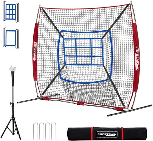 Baseballnetz, 2,1 x 2,1 m, Baseball-Softball-Übungsnetz mit großem Ballsammelsystem, Pitching-Netz mit Schlagtee, 2 Schlagzonen, Tragetasche, Baseballnetze zum Schlagen (Stil 2)