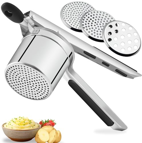 15oz Extra large Potato Ricer Stainless Steel, Heavy-Duty Ricer for Mashed Potatoes with 3 Discs for Effortless Potato press, Baby Food, Gnocchi, Ergonomic Non-Slip Grip, Dishwasher Safe