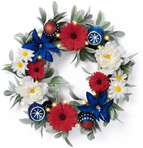 Valery Madelyn 20 Inch Patriotic Wreath for Front Door with Lights, Red White Blue Wreaths Decorations,Floral with Ball Ornament for 4th of July Independence Day Americana Decor