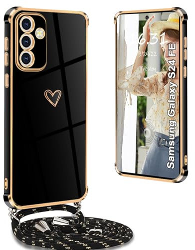 Yutwo Funda para Samsung Galaxy S24 FE con Cuerda, Fundas para Samsung Galaxy S24 FE con Colgante Patrón de Love Suave Carcasa Antigolpes Funda para Samsung Galaxy S24 FE, Negro