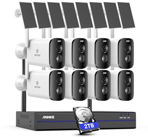 ANNKE Überwachungskamera Set Aussen Akku mit Solarpanel,8X 4MP Überwachungskamera Solar mit 10CH 5MP NVR,Kabelloses Überwachungssystem mit Bewegungsmelder,Farb-Nachtsicht,2-Wege-Audio,2TB Festplatte