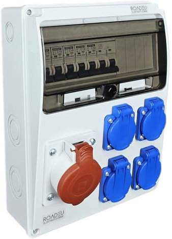 RoadEu - Coffret de Chantier, Distributeur Mural. Prise CEE 32A et 4x 230V. Répartiteur de prise avec disjoncteur 32A et 16A. Répartiteur de courant de chantier entièrement câblé
